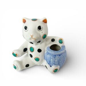 Vintage Polka Dot Cat Toothpick Holder Ceramic Japan